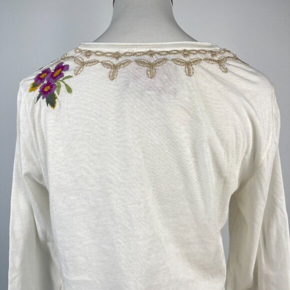 NWOT Johnny Was Embroidered Floral Long Sleeves Tee T-Shirt Size S White - Picture 6 of 12